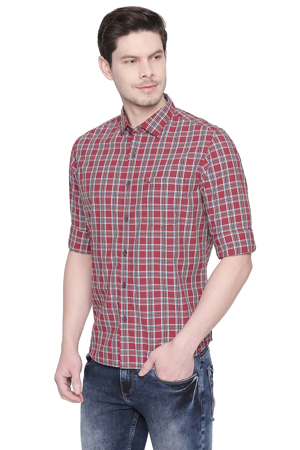 BASICS SLIM FIT EARTH RED CHECKS SHIRT