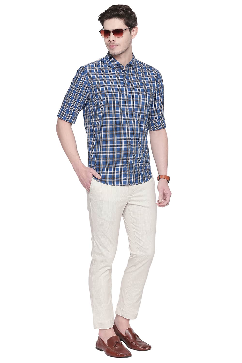 BASICS SLIM FIT VALLARTA BLUE CHECKS SHIRT
