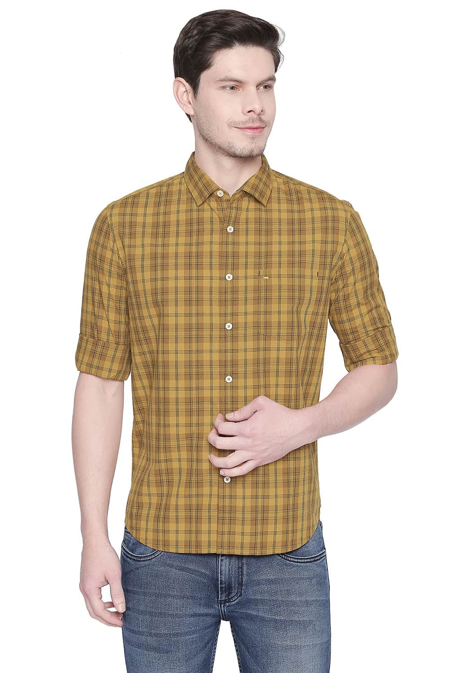 BASICS SLIM FIT MINERAL YELLOW CHECKS SHIRT