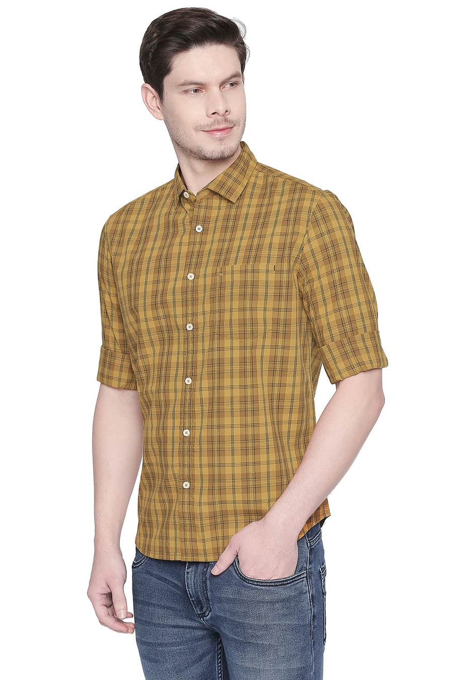BASICS SLIM FIT MINERAL YELLOW CHECKS SHIRT
