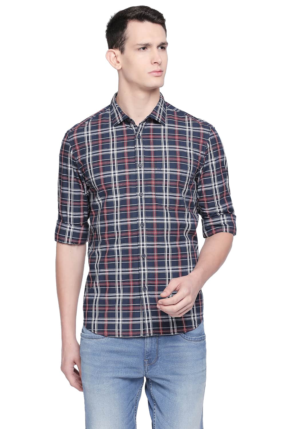 BASICS SLIM FIT BLUE NIGHT CHECKS SHIRT