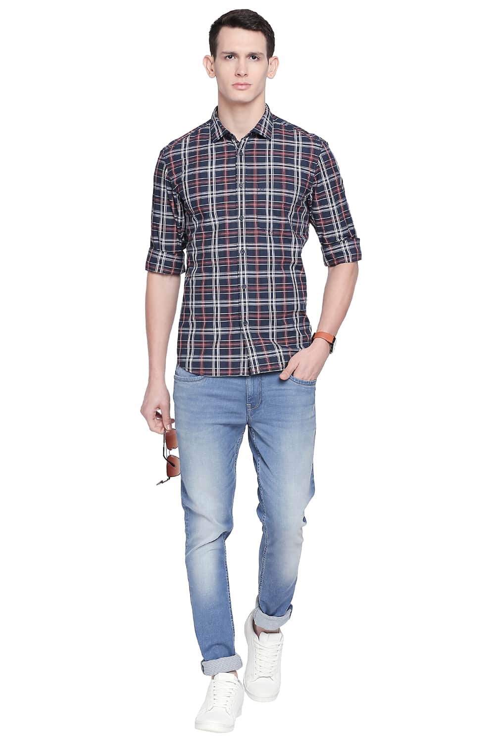 BASICS SLIM FIT BLUE NIGHT CHECKS SHIRT