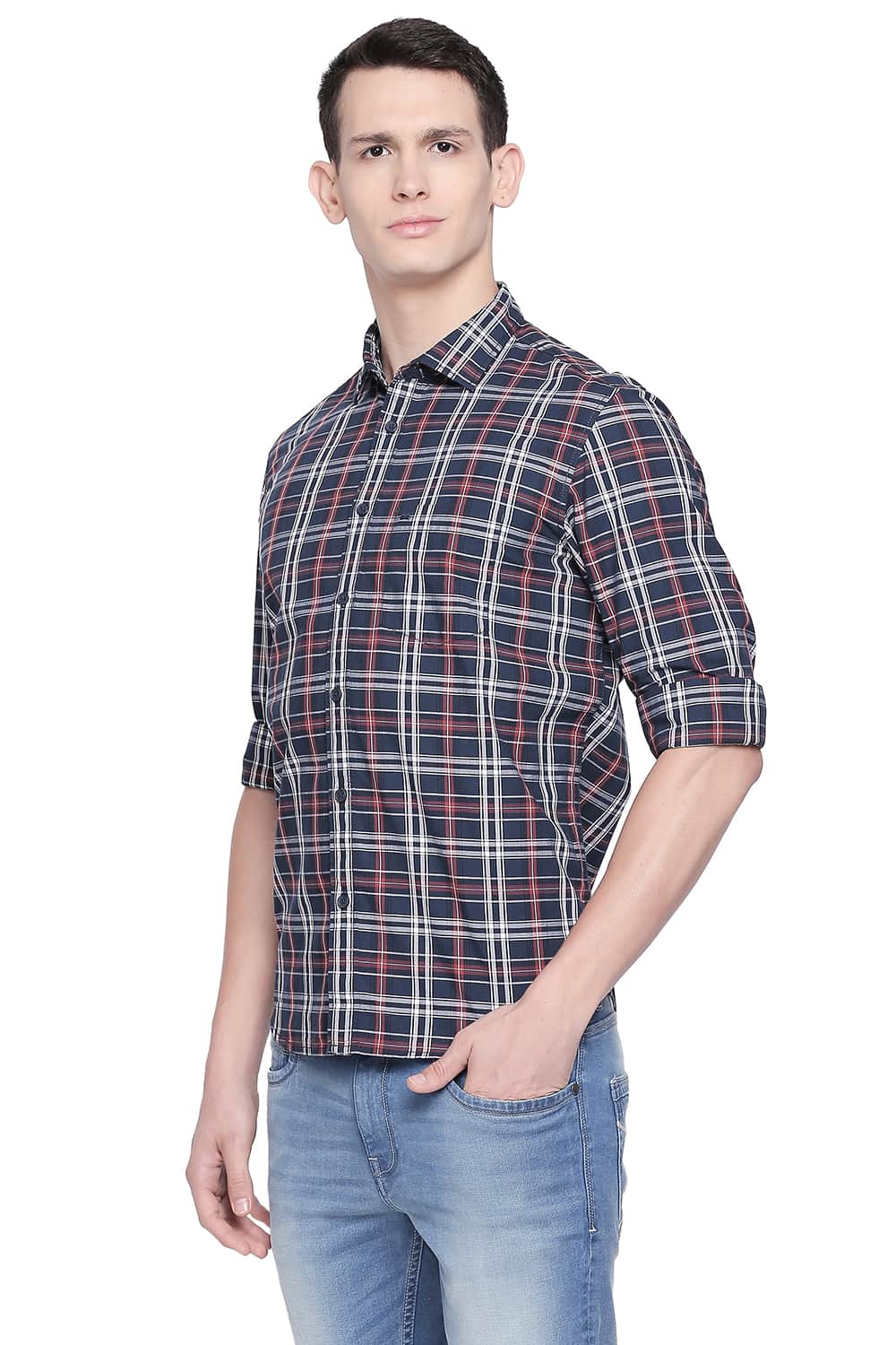 BASICS SLIM FIT BLUE NIGHT CHECKS SHIRT