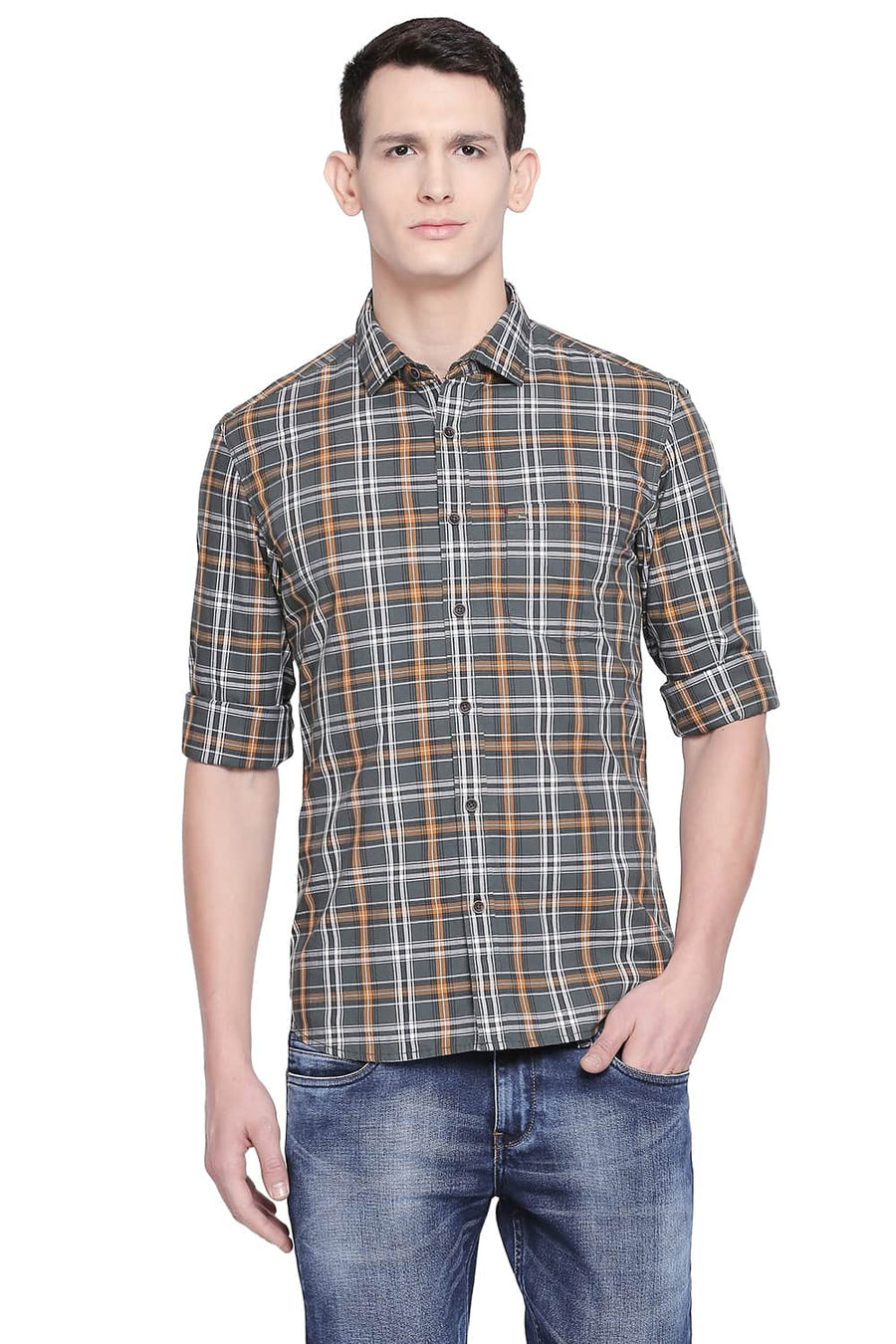 BASICS SLIM FIT TREKKING GREEN CHECKS SHIRT