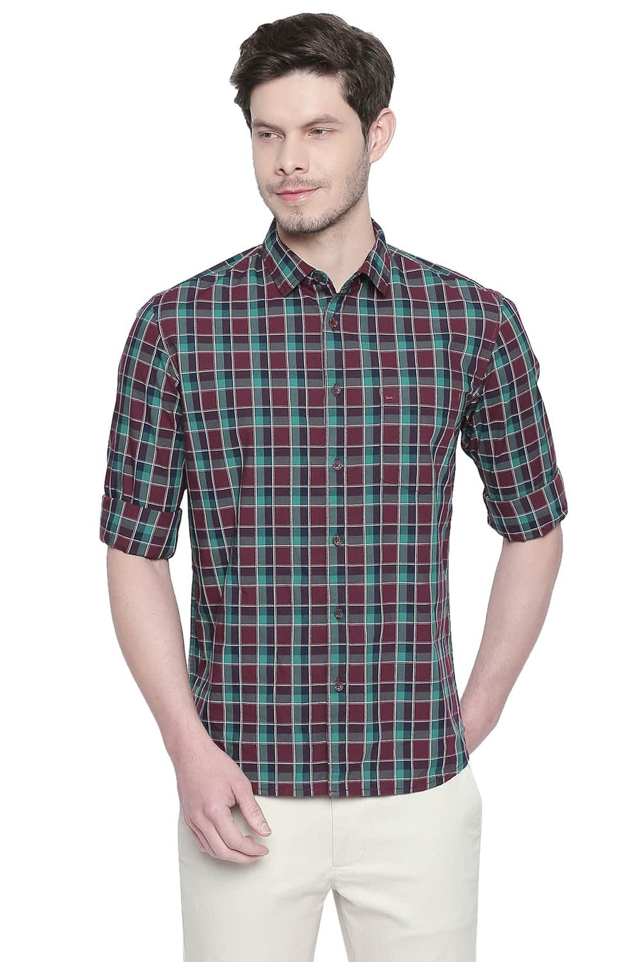BASICS SLIM FIT OXBLOOD RED CHECKS SHIRT