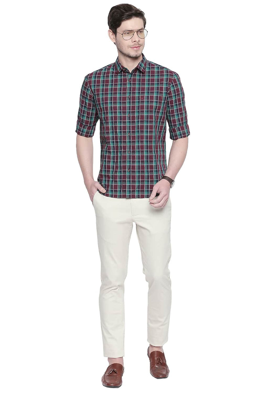 BASICS SLIM FIT OXBLOOD RED CHECKS SHIRT
