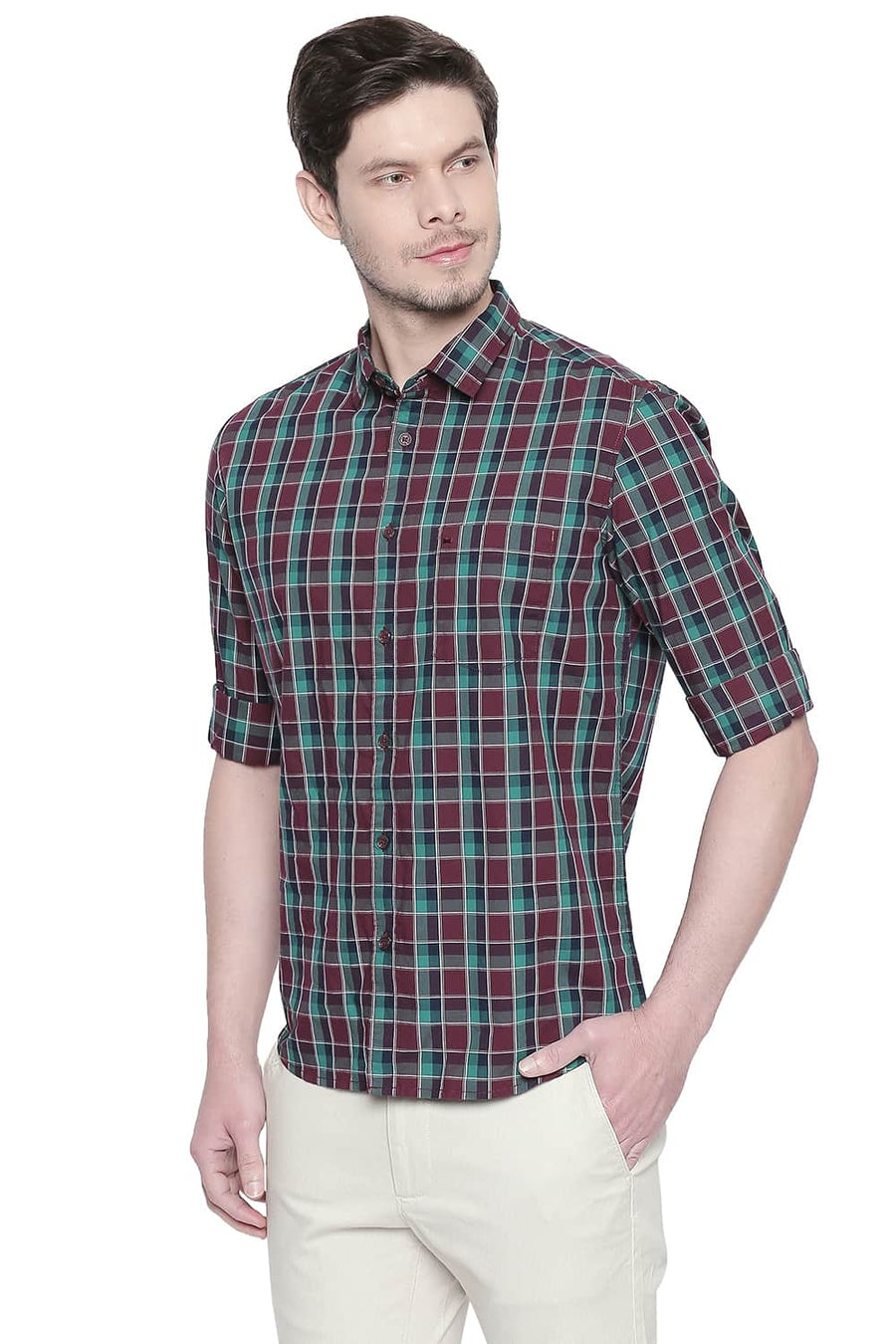 BASICS SLIM FIT OXBLOOD RED CHECKS SHIRT