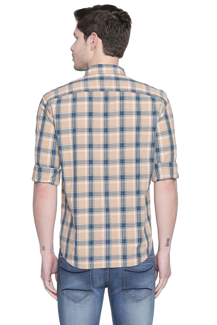 BASICS SLIM FIT KHAKI TAN CHECKS SHIRT