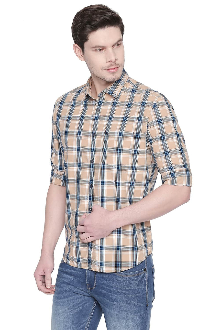 BASICS SLIM FIT KHAKI TAN CHECKS SHIRT