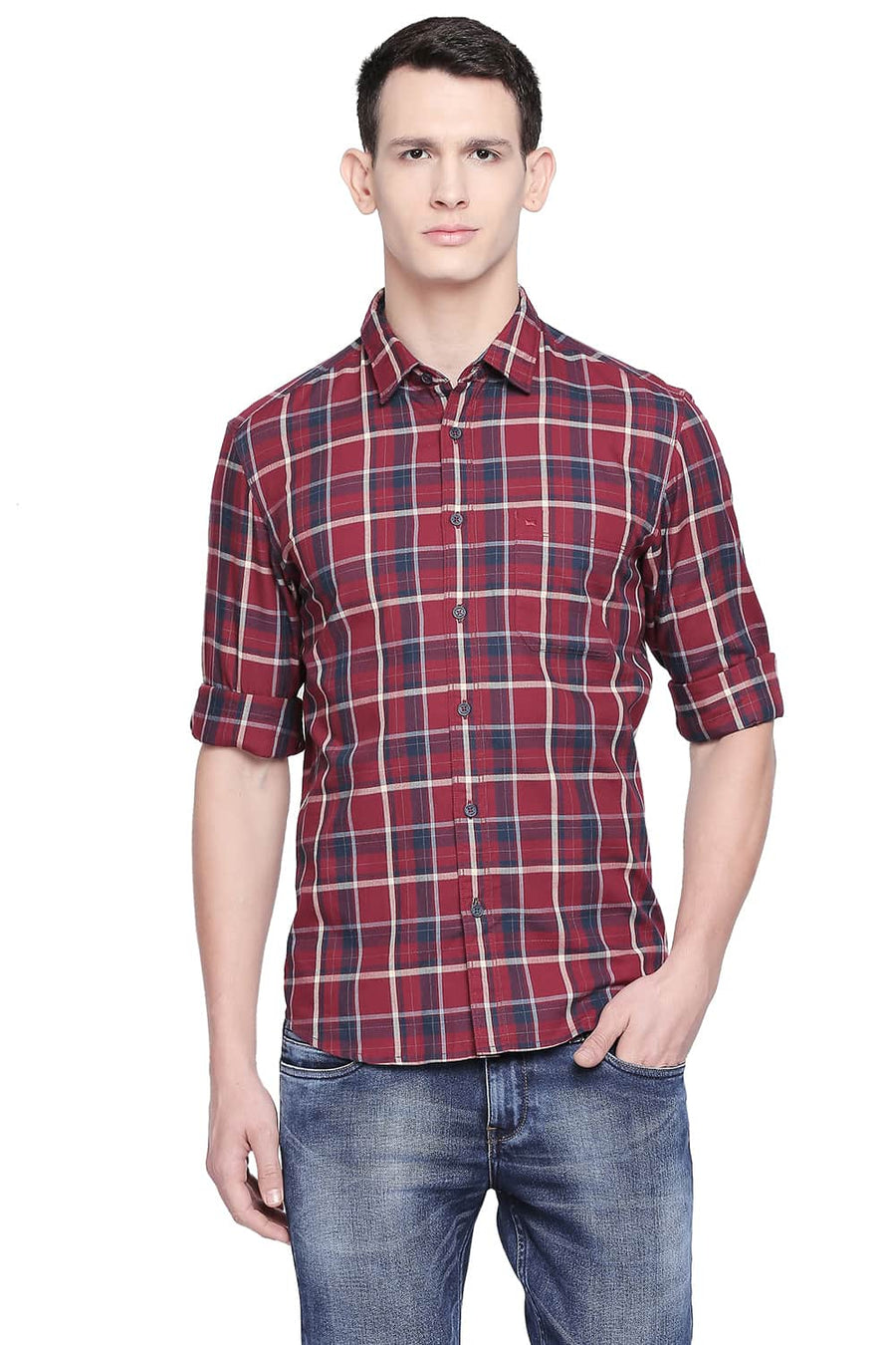 BASICS SLIM FIT TIBETAN MAROON TWILL CHECKS SHIRT