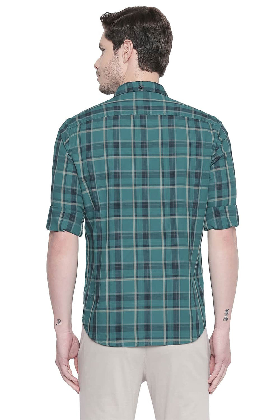 BASICS SLIM FIT FANFARE GREEN TWILL CHECKS SHIRT