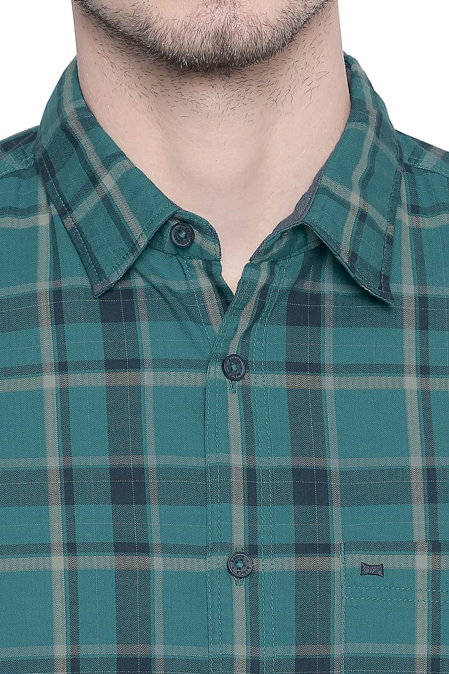 BASICS SLIM FIT FANFARE GREEN TWILL CHECKS SHIRT