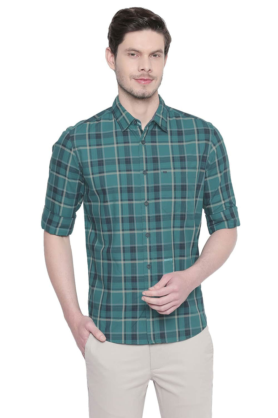 BASICS SLIM FIT FANFARE GREEN TWILL CHECKS SHIRT