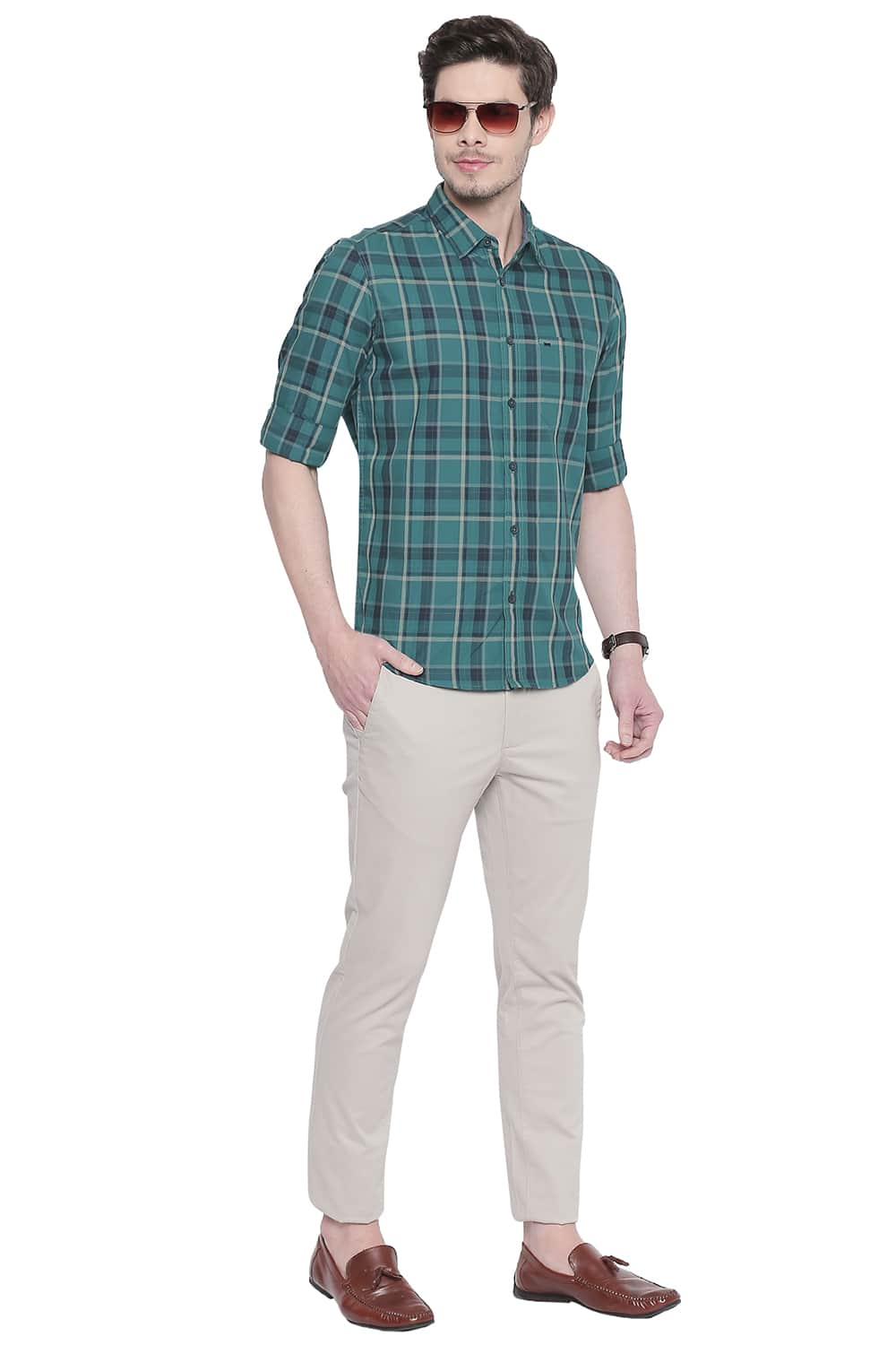 BASICS SLIM FIT TWILL CHECKS SHIRT