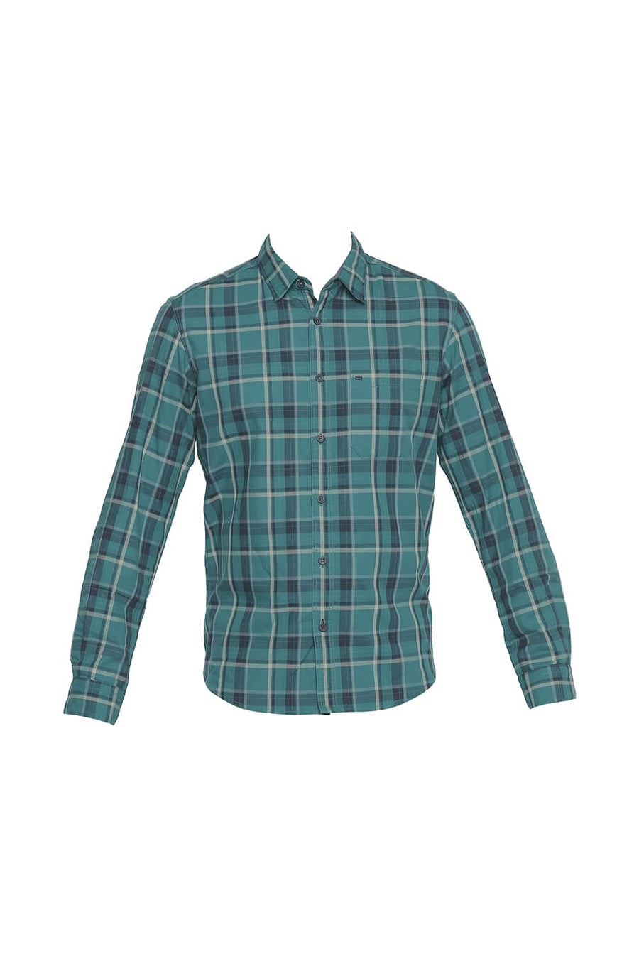 BASICS SLIM FIT FANFARE GREEN TWILL CHECKS SHIRT