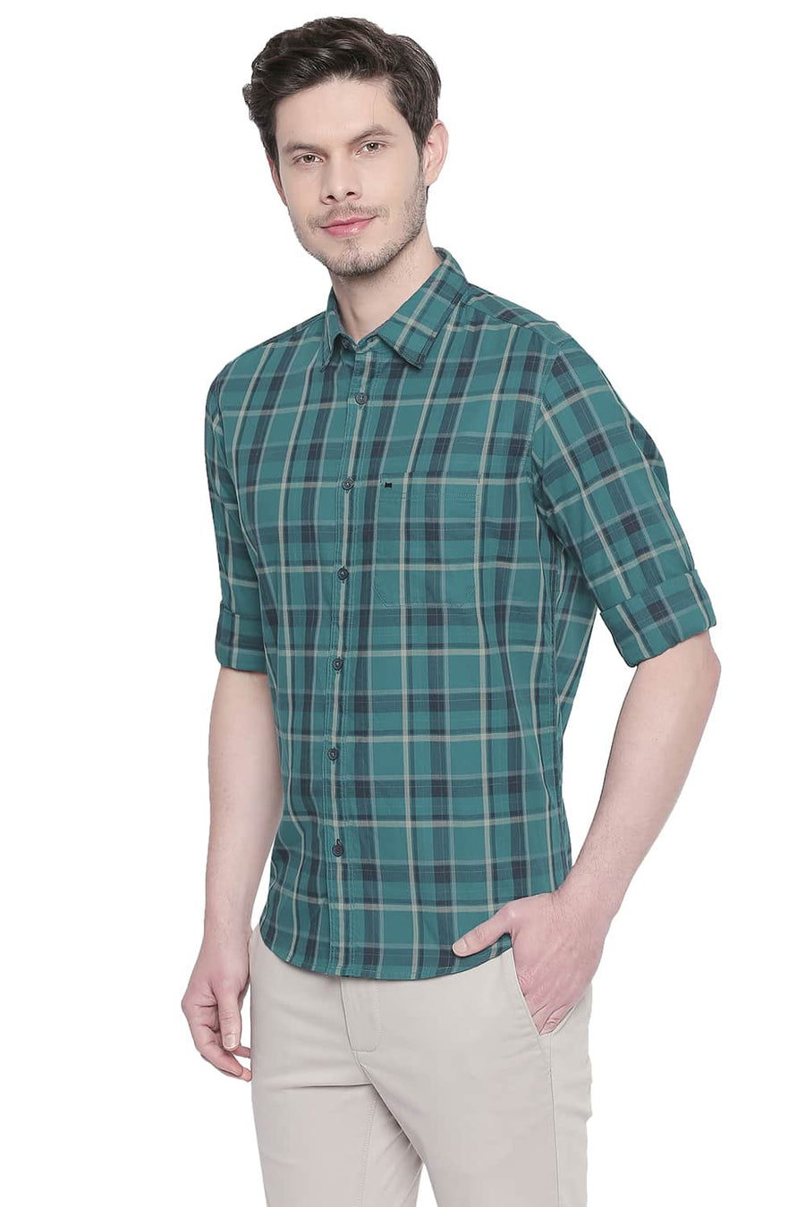BASICS SLIM FIT FANFARE GREEN TWILL CHECKS SHIRT