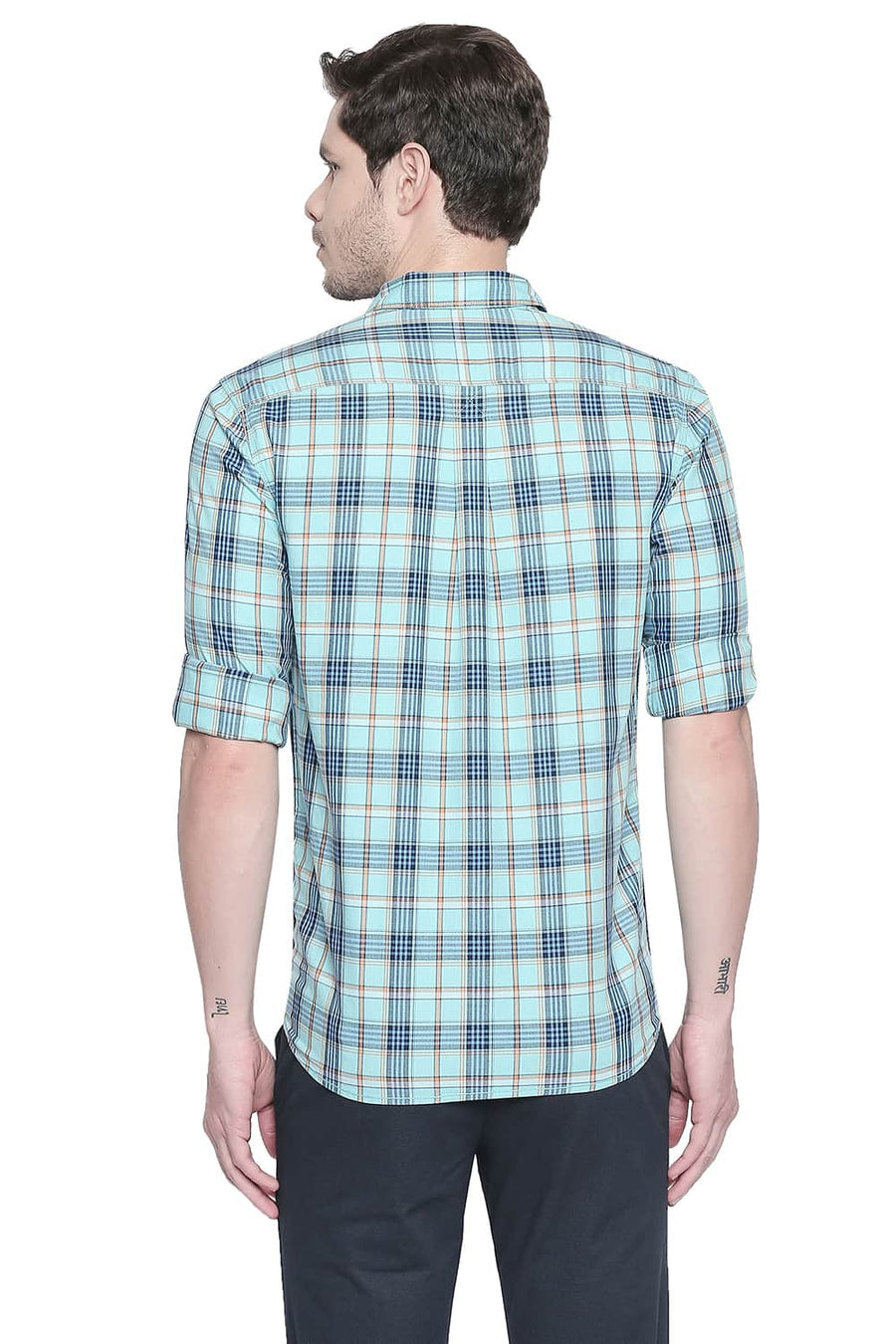 BASICS SLIM FIT AQUA SKY TWILL CHECKS SHIRT