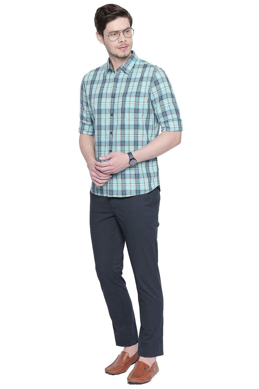 BASICS SLIM FIT AQUA SKY TWILL CHECKS SHIRT