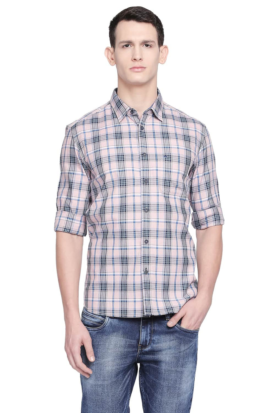 BASICS SLIM FIT LOTUS PINK TWILL CHECKS SHIRT