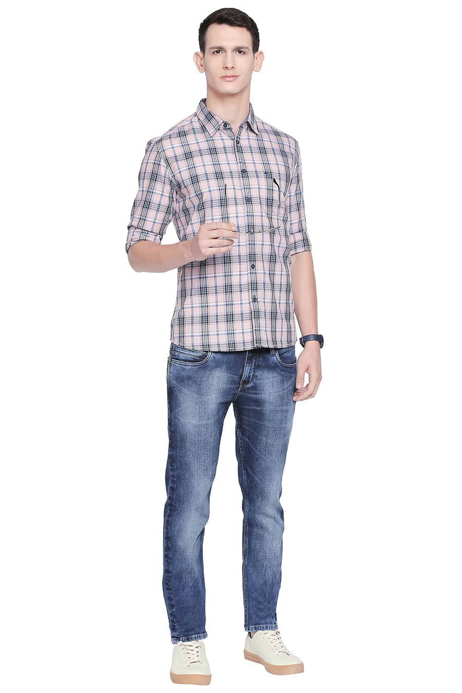 BASICS SLIM FIT LOTUS PINK TWILL CHECKS SHIRT