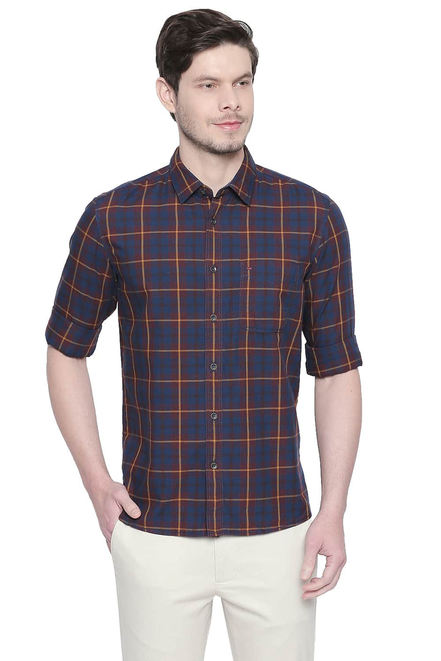 BASICS SLIM FIT ROSEWOOD MAROON TWILL CHECKS SHIRT