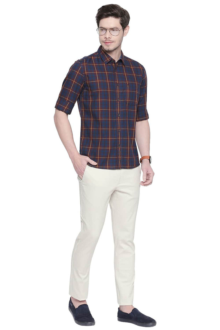 BASICS SLIM FIT ROSEWOOD MAROON TWILL CHECKS SHIRT
