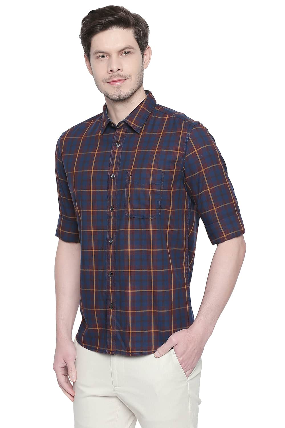 BASICS SLIM FIT TWILL CHECKS SHIRT