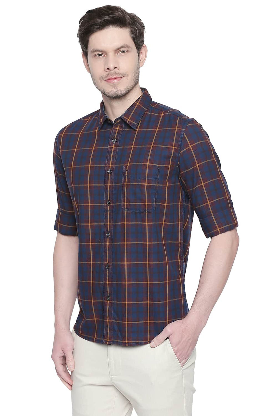 BASICS SLIM FIT ROSEWOOD MAROON TWILL CHECKS SHIRT