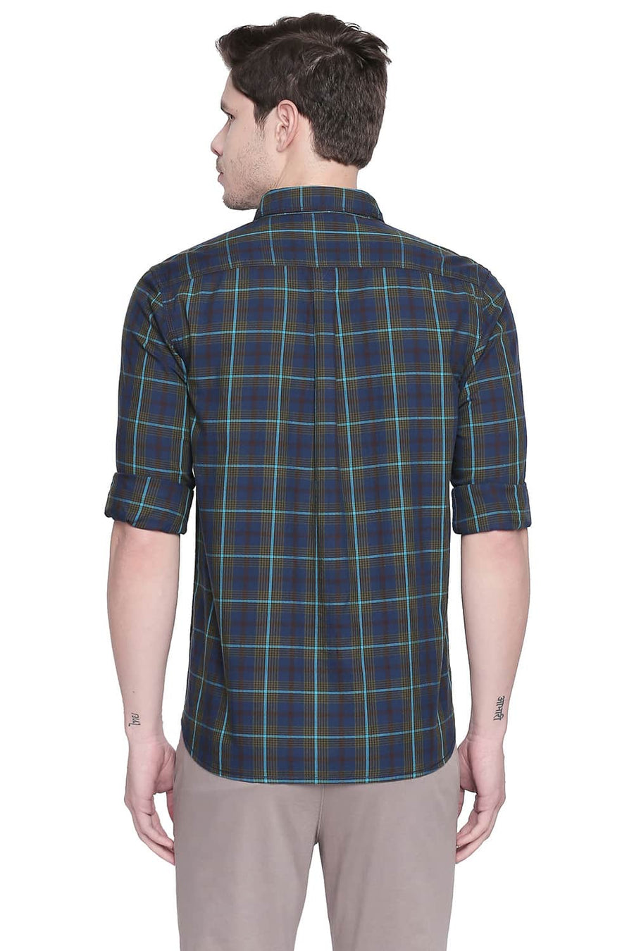 BASICS SLIM FIT DILL GREEN TWILL CHECKS SHIRT