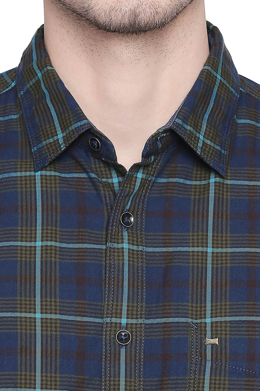 BASICS SLIM FIT DILL GREEN TWILL CHECKS SHIRT