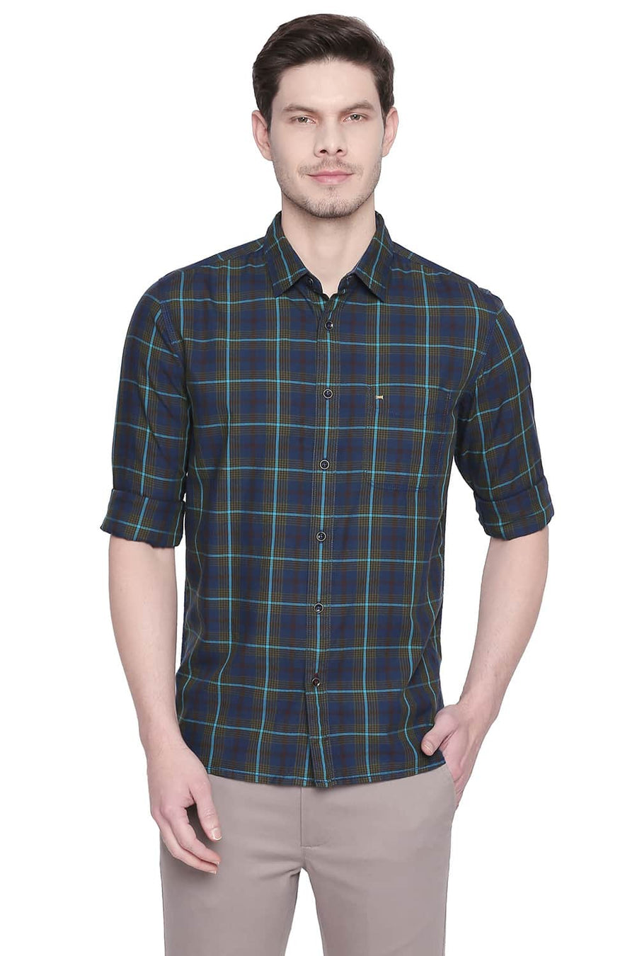 BASICS SLIM FIT DILL GREEN TWILL CHECKS SHIRT