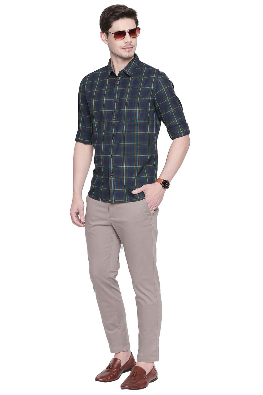 BASICS SLIM FIT TWILL CHECKS SHIRT