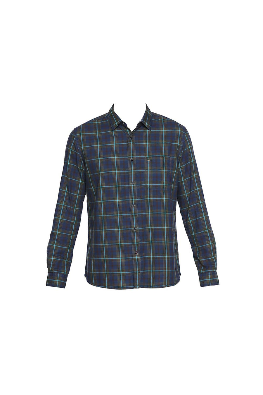 BASICS SLIM FIT DILL GREEN TWILL CHECKS SHIRT
