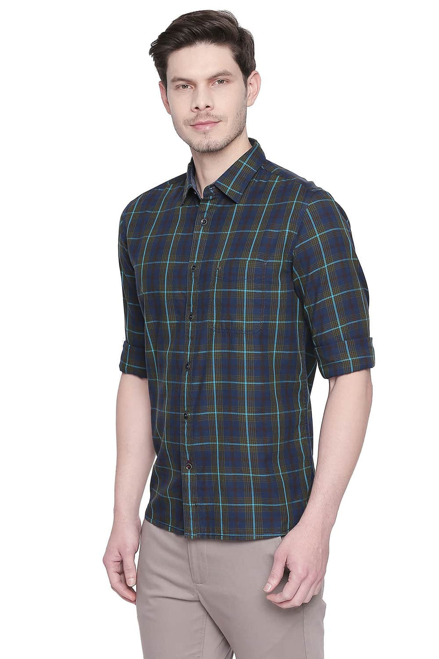 BASICS SLIM FIT DILL GREEN TWILL CHECKS SHIRT