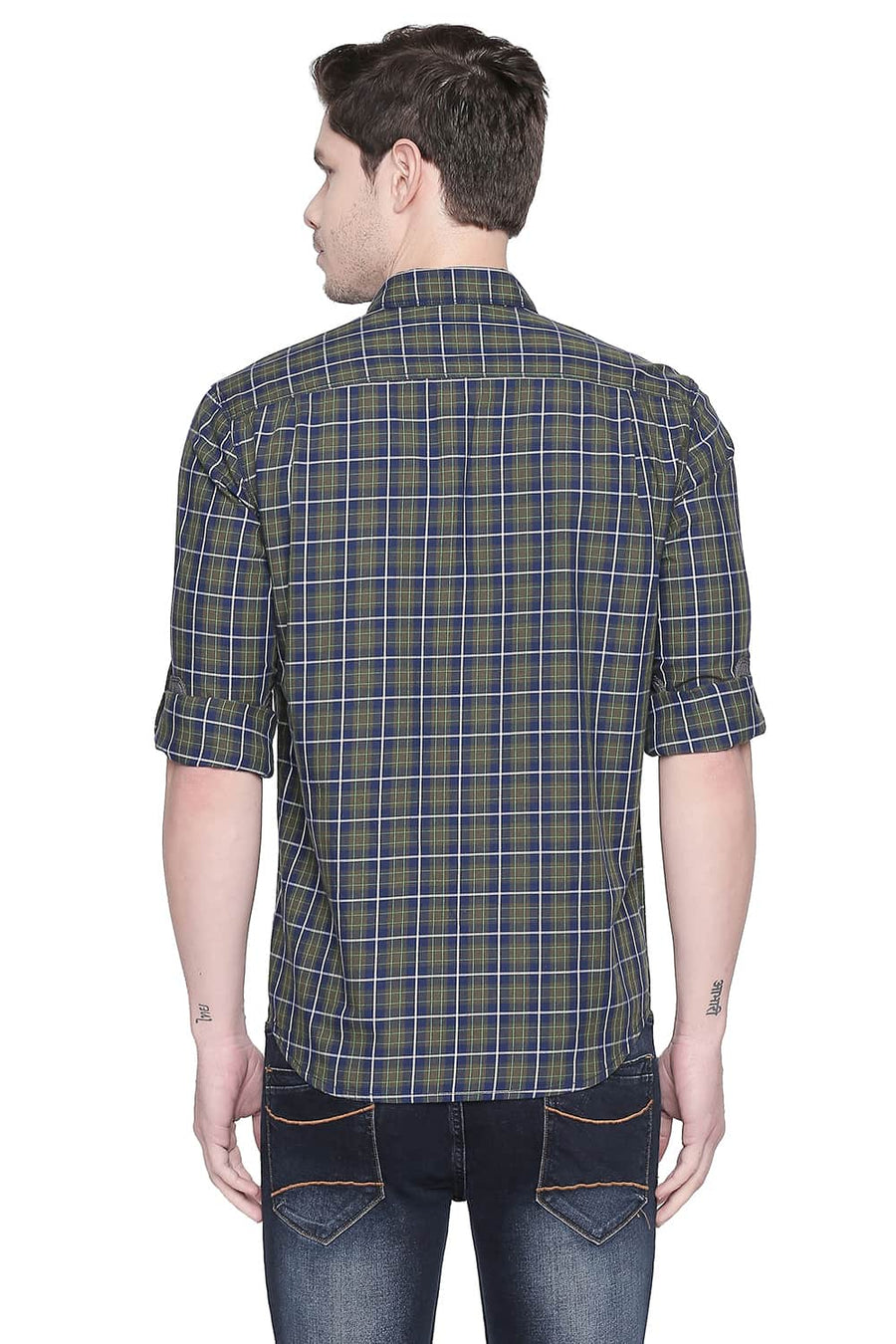 BASICS SLIM FIT OLIVE GREEN TWILL CHECKS SHIRT