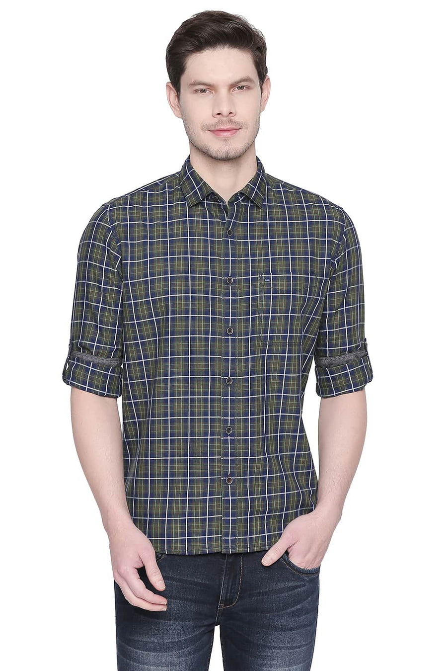 BASICS SLIM FIT OLIVE GREEN TWILL CHECKS SHIRT