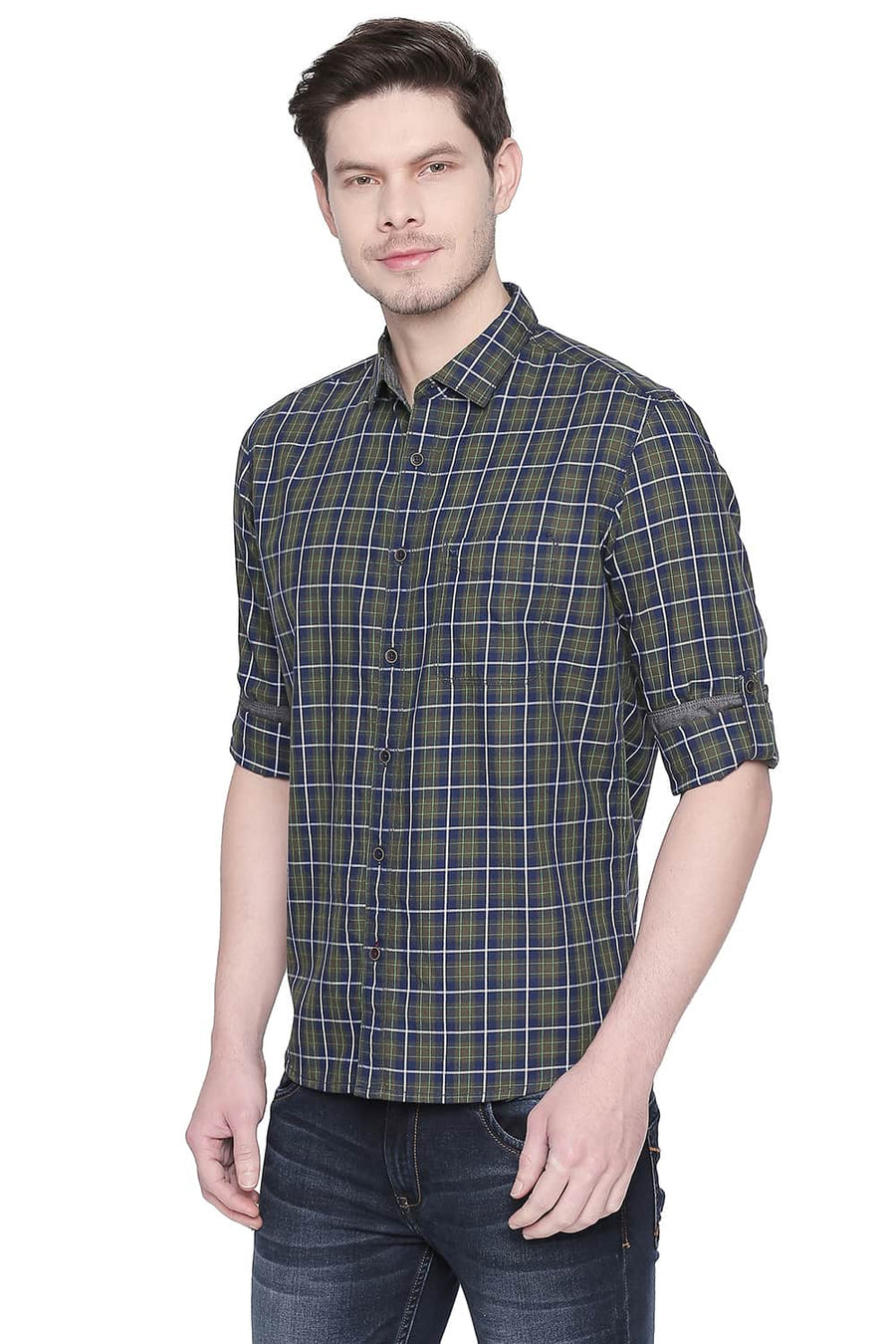 BASICS SLIM FIT OLIVE GREEN TWILL CHECKS SHIRT