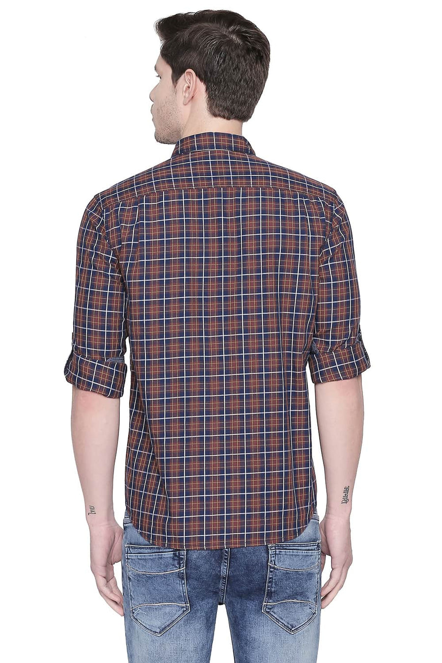 BASICS SLIM FIT AZTEC BROWN TWILL CHECKS SHIRT
