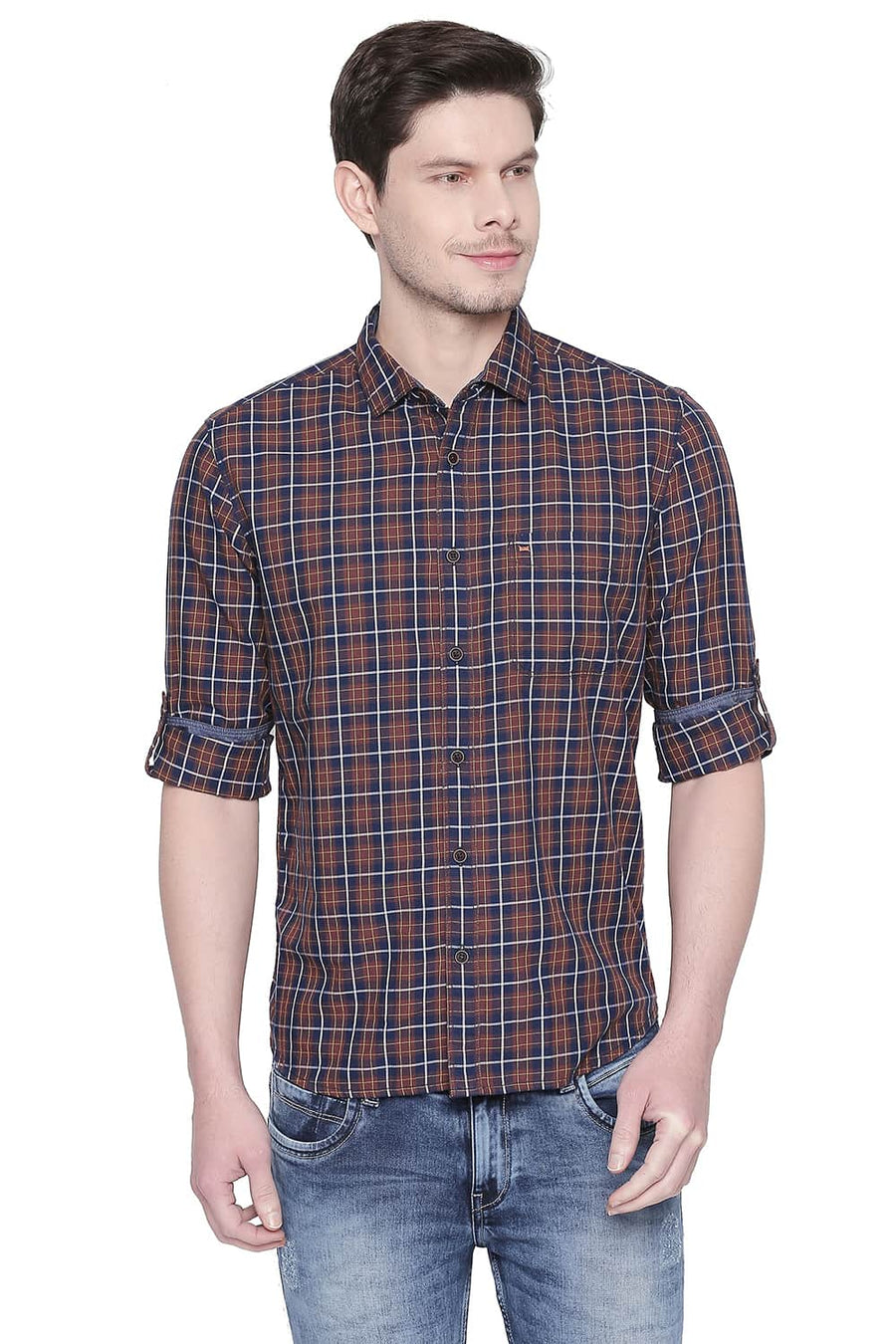 BASICS SLIM FIT AZTEC BROWN TWILL CHECKS SHIRT