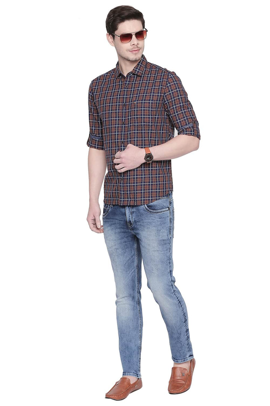 BASICS SLIM FIT AZTEC BROWN TWILL CHECKS SHIRT