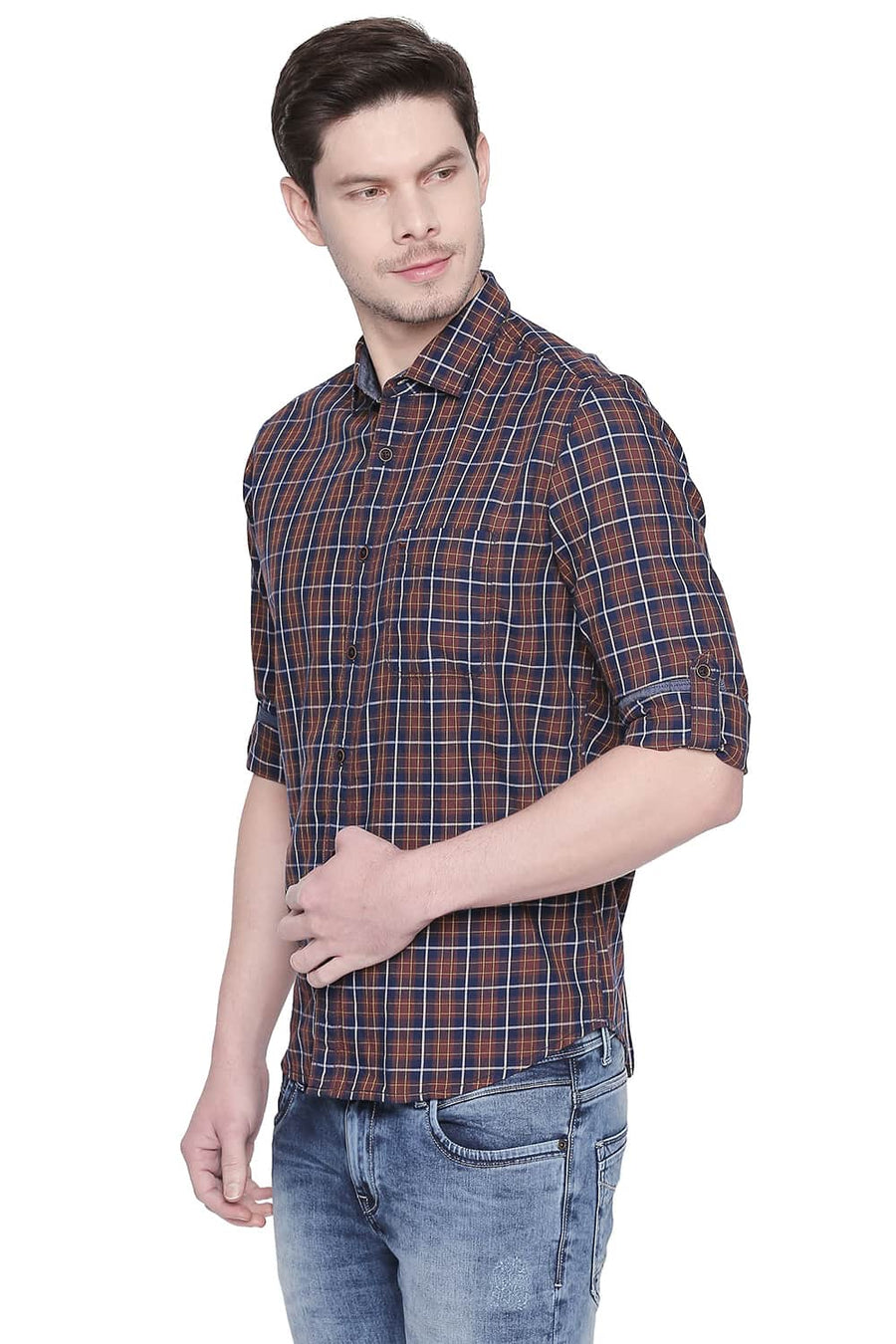 BASICS SLIM FIT AZTEC BROWN TWILL CHECKS SHIRT