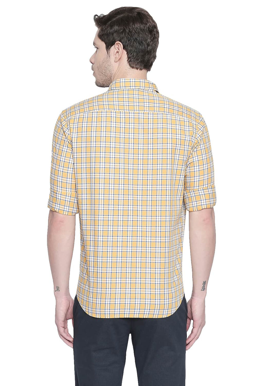 BASICS SLIM FIT SPECTRA YELLOW TWILL CHECKS SHIRT