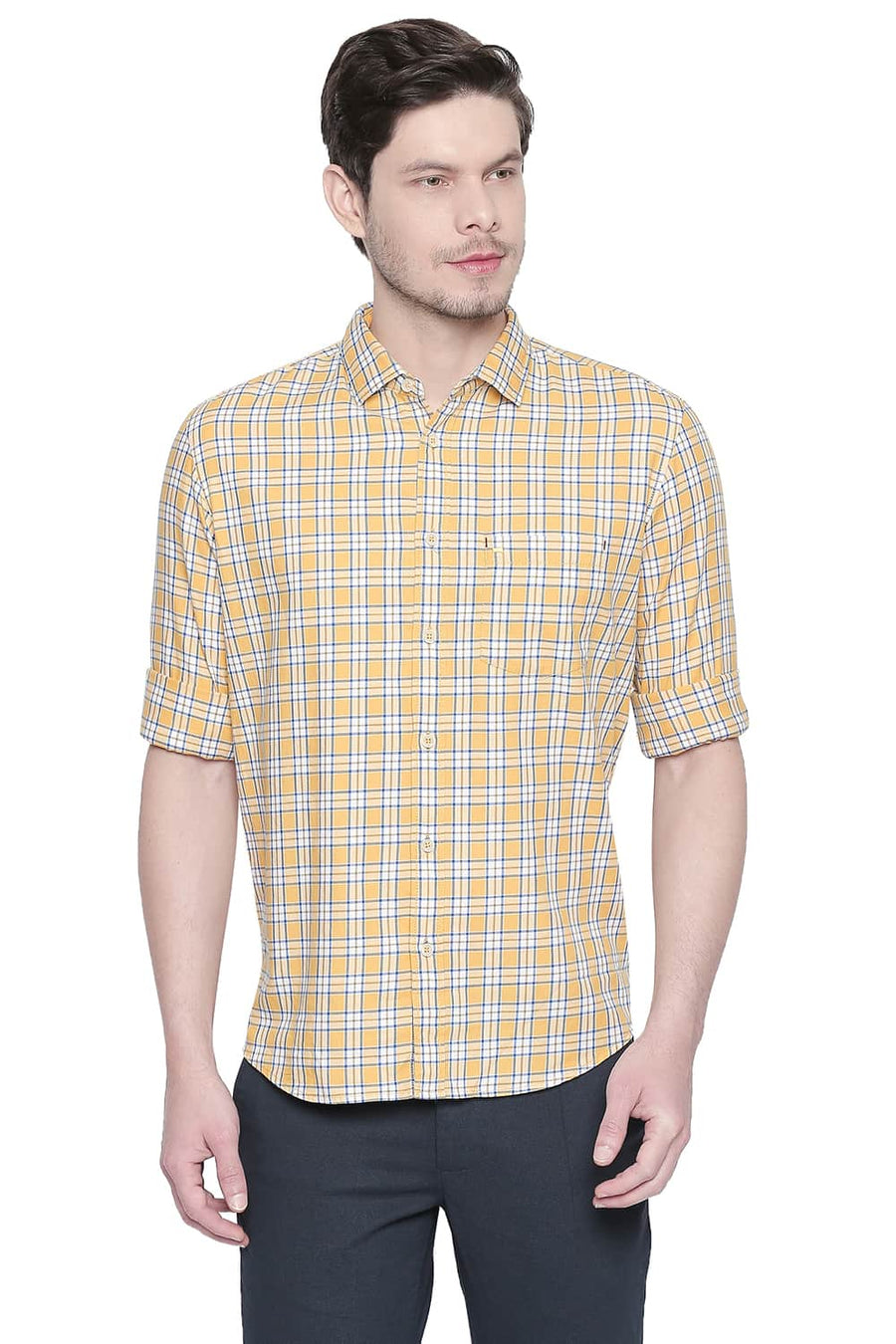 BASICS SLIM FIT SPECTRA YELLOW TWILL CHECKS SHIRT