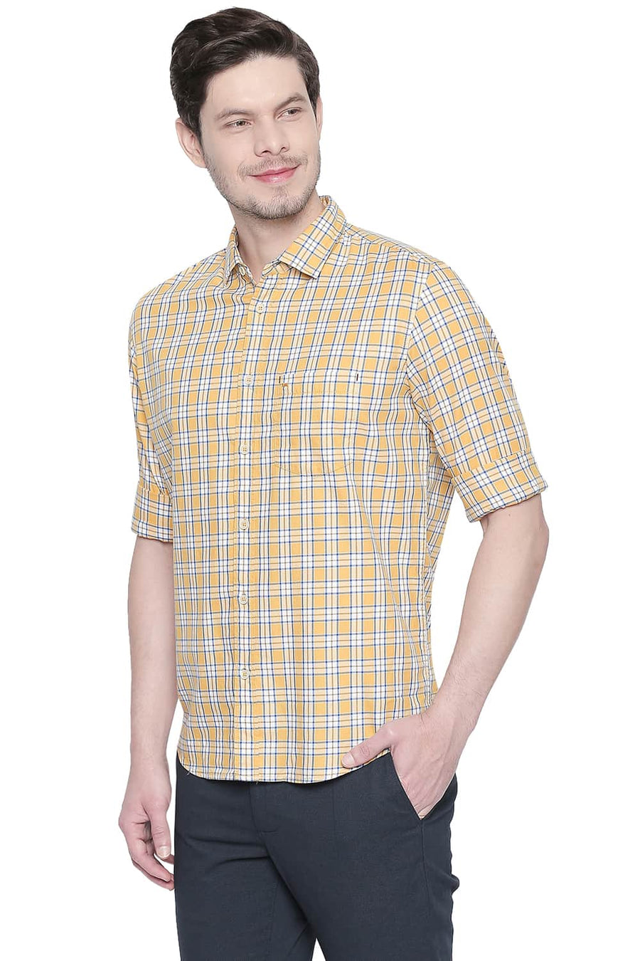 BASICS SLIM FIT SPECTRA YELLOW TWILL CHECKS SHIRT