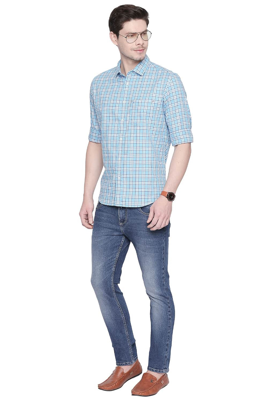 BASICS SLIM FIT ETHEREAL BLUE TWILL CHECKS SHIRT