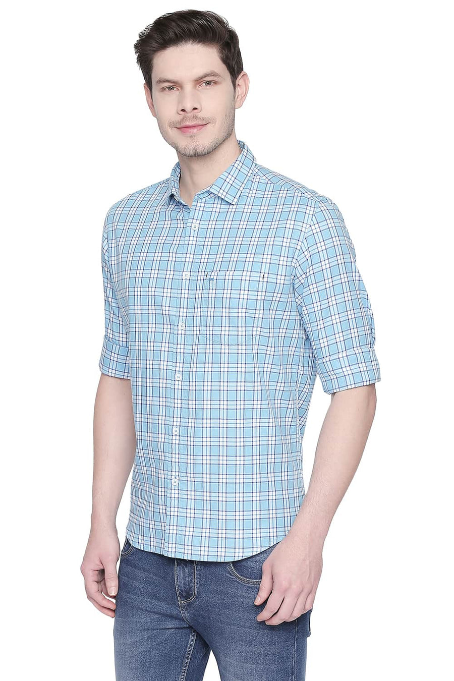 BASICS SLIM FIT ETHEREAL BLUE TWILL CHECKS SHIRT
