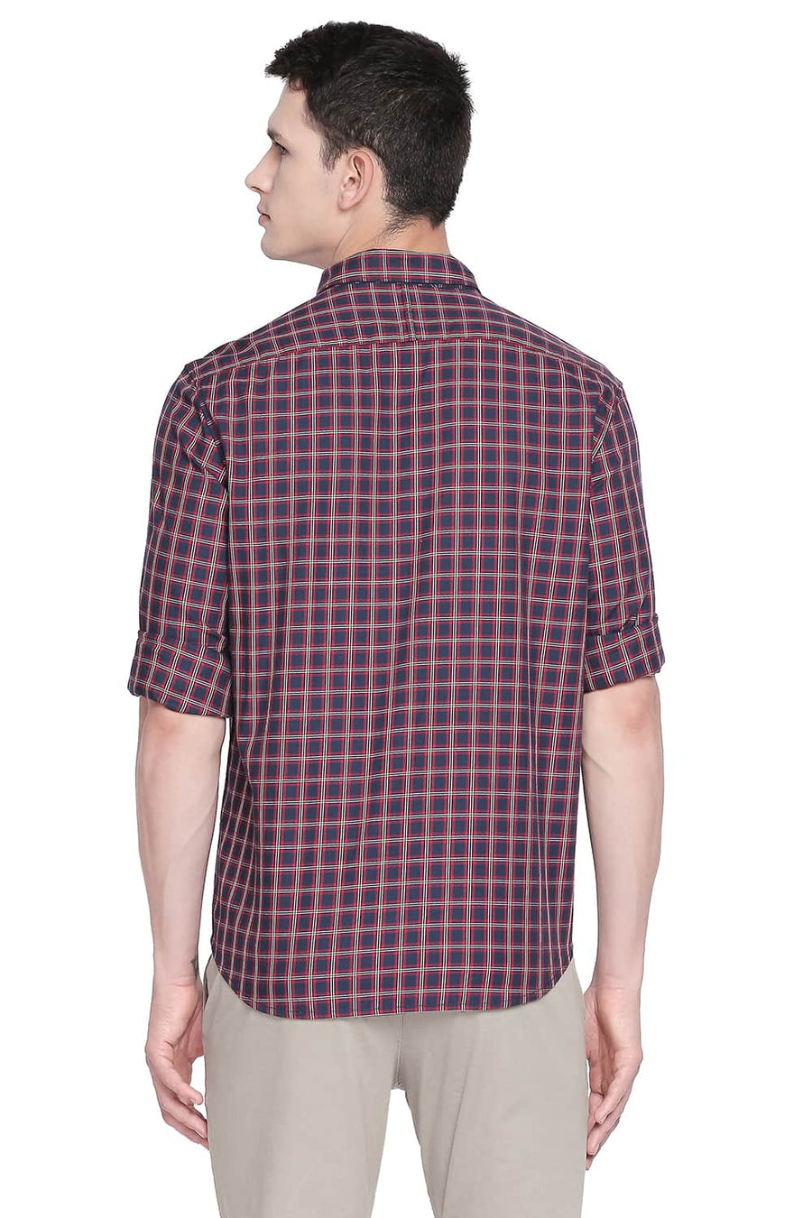 BASICS SLIM FIT TANGO RED TWILL CHECKS SHIRT