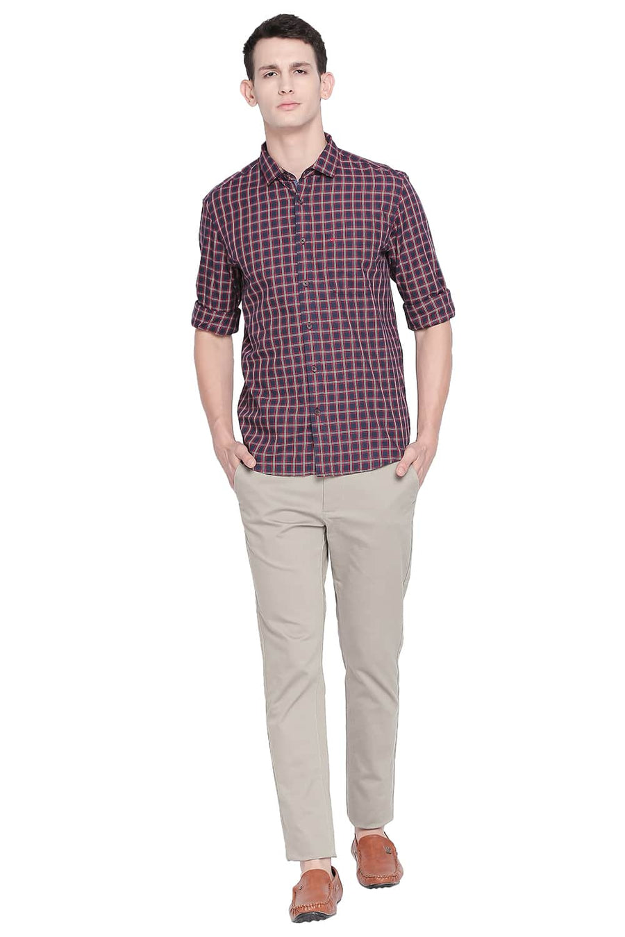 BASICS SLIM FIT TANGO RED TWILL CHECKS SHIRT