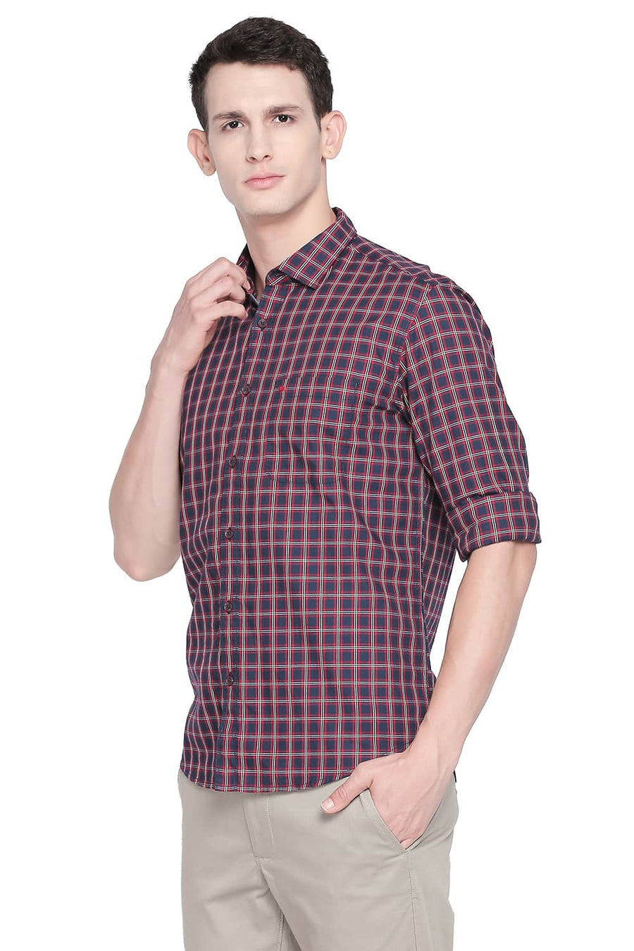 BASICS SLIM FIT TANGO RED TWILL CHECKS SHIRT