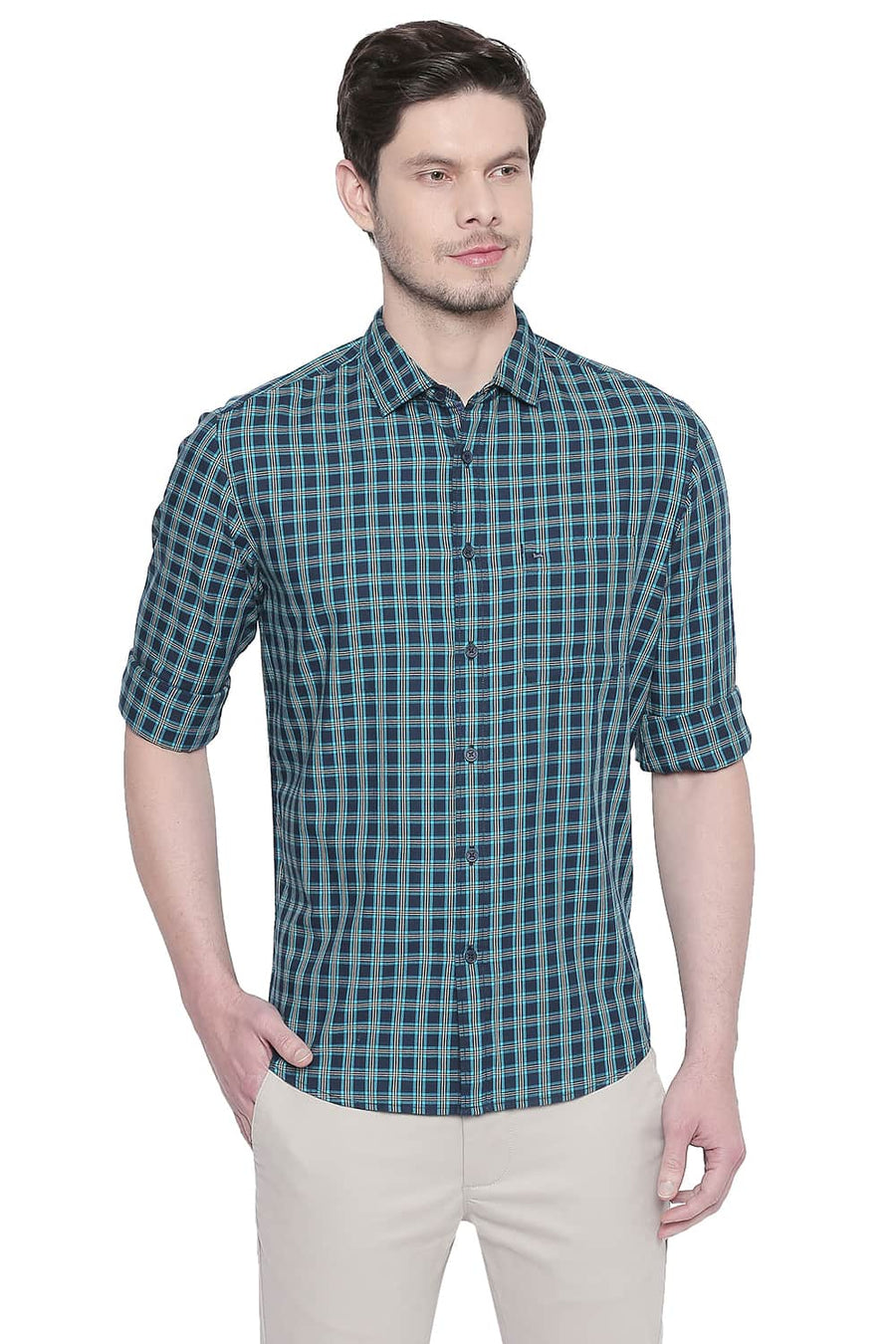 BASICS SLIM FIT TWILL NAVY NIGHTS CHECKS SHIRT